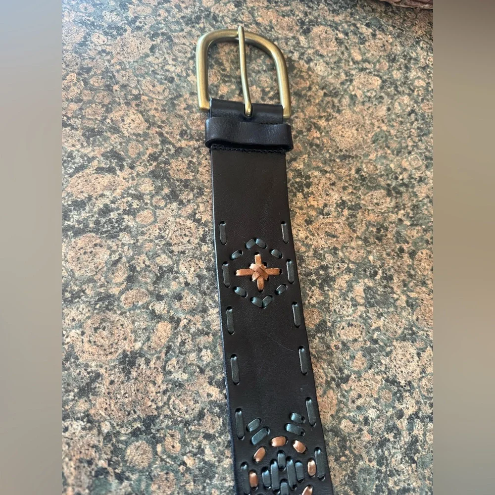 Linea Pelle Brown Cutout Inlay Leather Brass Buckle Women’s Belt Boho Chic Large
